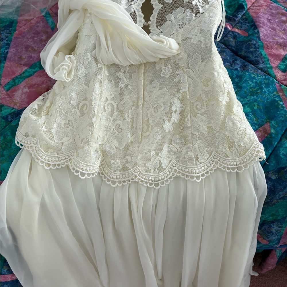 Jessica McClintock Ivory Peplum Midi Dress Halter Lace Sleeveless - Picture 7 of 7